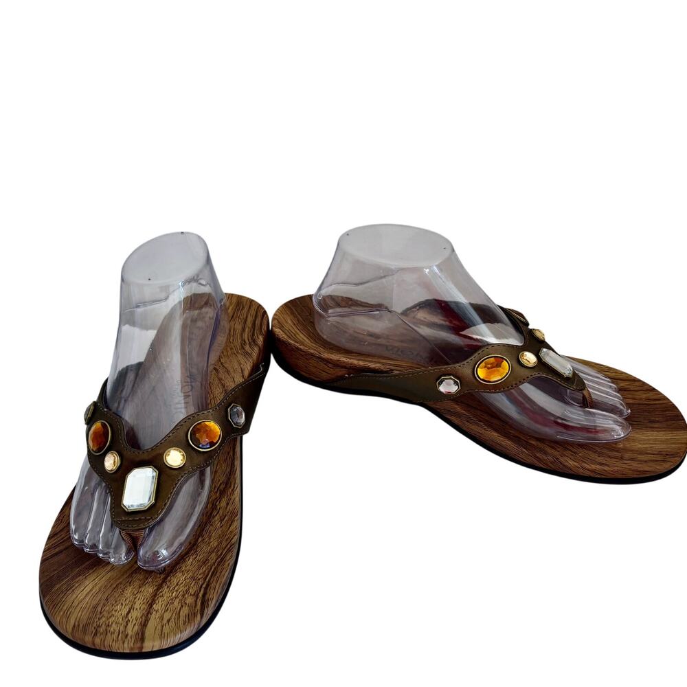VIONIC Eve Jeweled Rhinestone Orthotic Leather Thong Sandals Metallic Brown